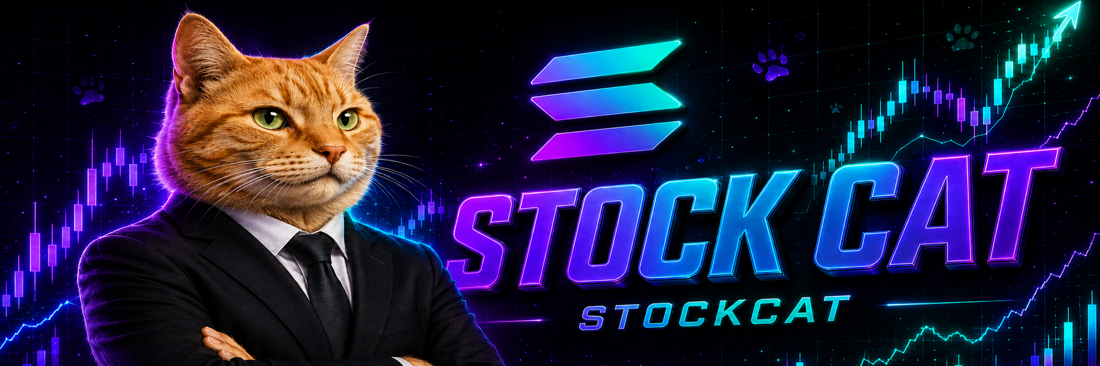 Stock Cat banner — Diamond paws since 2008, suited cat on Wall Street